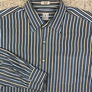 Peter Millar Shirt Men’s XL Blue Yellow Striped Button Up Long Sleeve Casual